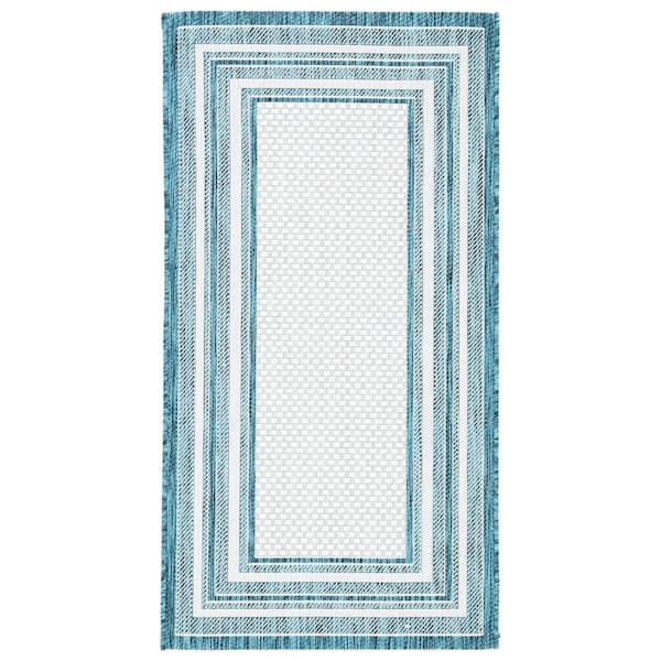 Courtyard Ivory/Teal Doormat 2 ft. x 4 ft. Solid Color Striped Indoor/Outdoor Area Rug