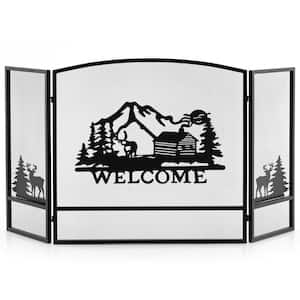 Black Metal 55 in. x 29.5 in. 3-Panel Fireplace Screen Folding Spark Guardw/Natural Scenery