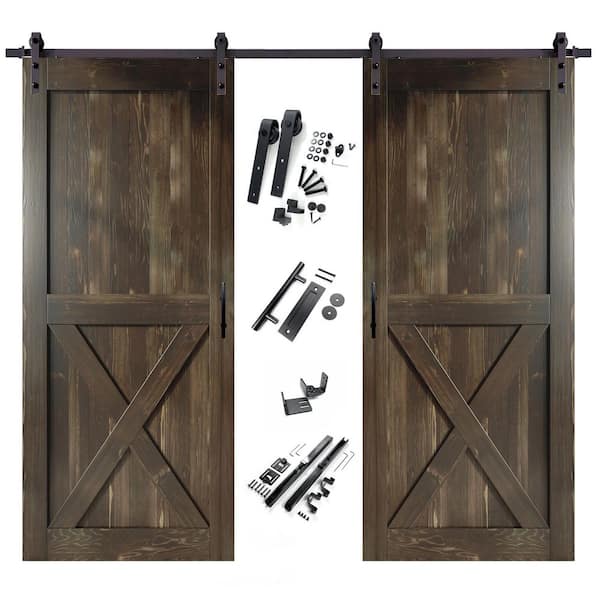 HOMACER 42 in. x 84 in. X-Frame Ebony Double Pine Wood Interior Sliding Barn Door with Hardware Kit, Non-Bypass