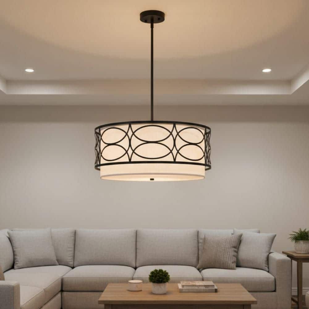YANSUN 4-Light Black and White Drum Chandelier, Round Fabric Shade