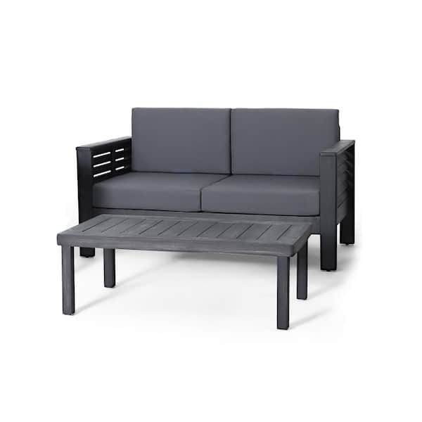 Black Wood Outdoor Chaise Lounge Loveseat and Coffee Table Set with Gray Cushions