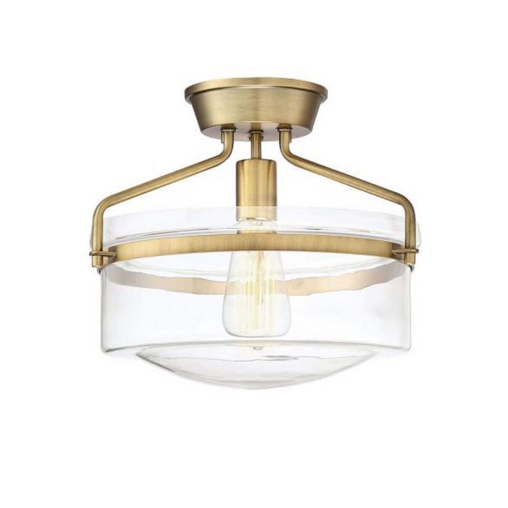 Meridian 13" Natural Brass and Clear Glass Semi-Flush Ceiling Light