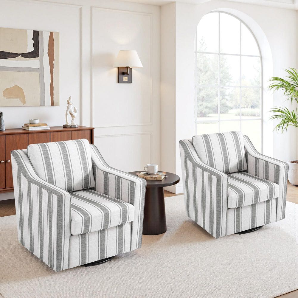 Uixe Modern Gray Stripe Line Upholstered Swivel Accent Barrel