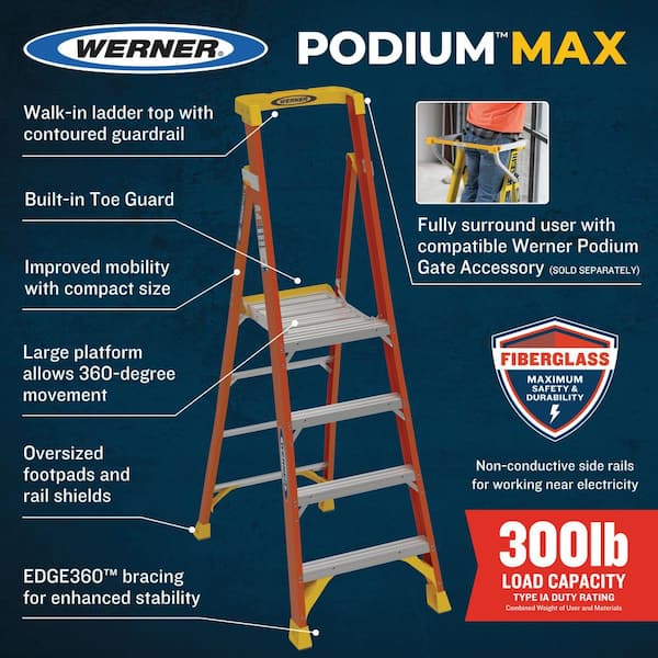 Werner 6 ft. H Fiberglass Podium Platform Ladder Type IA 300 lb. capacity
