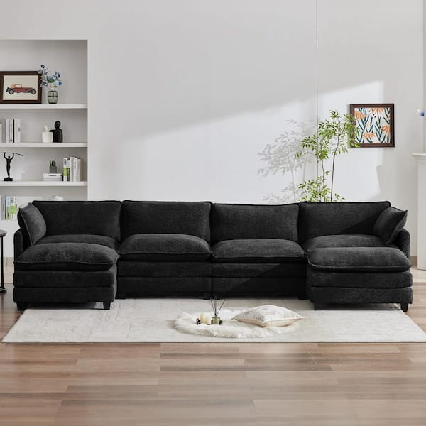 147.64 in. Loop Velvet Sectional Sofas with 2 Ottomans for Living Room in Black