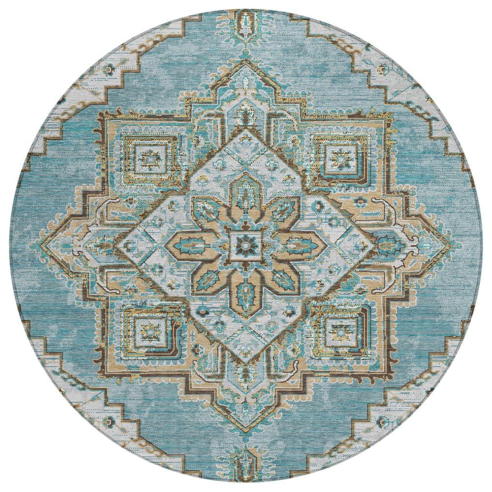 Chantille Machine Washable Indoor/Outdoor Abstract ACN2704 Teal 8 ft. x 8 ft. Round Rug price history on PriceWatchPro