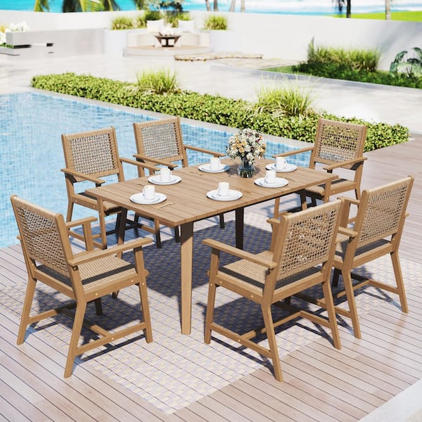 Brown 7-Piece Outdoor Patio Dining Set With Acacia Wood Rectangular Table and Wood Rattan Chairs