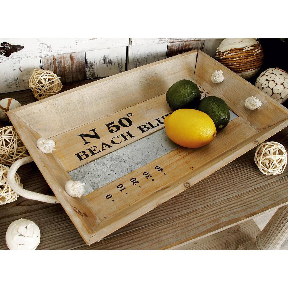 Coastal Charm White Wood Rectangular Tray Set with Metal Accents, 19" x 12"
