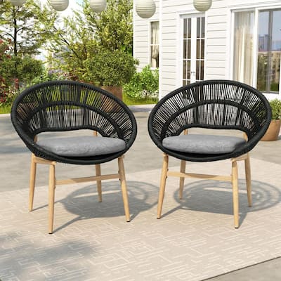 Cyril Papasan Patio Faux Rattan and Metal Outdoor Dining Chairs with Dark Grey Cushion, Teak + Dark Gray, Set of 2
