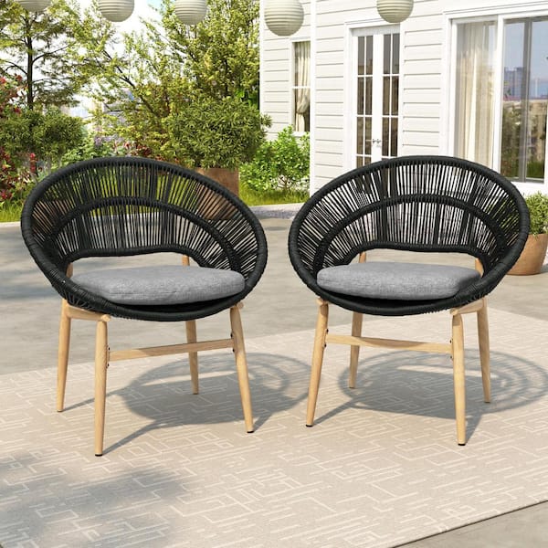 CHRISTOPHER KNIGHT HOME Cyril Papasan Patio Faux Rattan and Metal Outdoor Dining Chairs with Dark Grey Cushion, Teak + Dark Gray, Set of 2