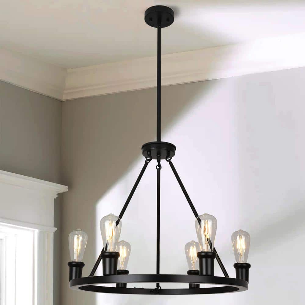 Matte Black Metal Wagon Wheel 6-Light Chandelier