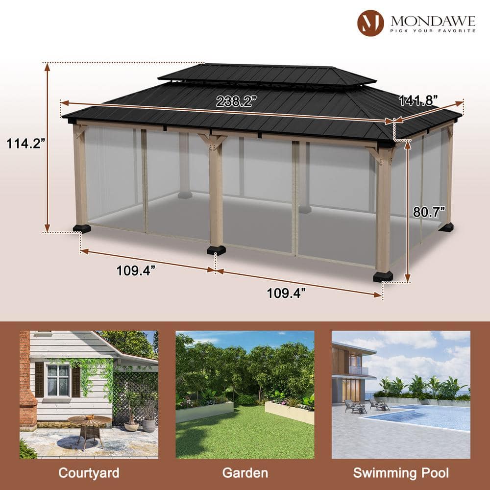Beverly Hills 20-ft x 12-ft Cedar Wood and Black Steel Patio Gazebo