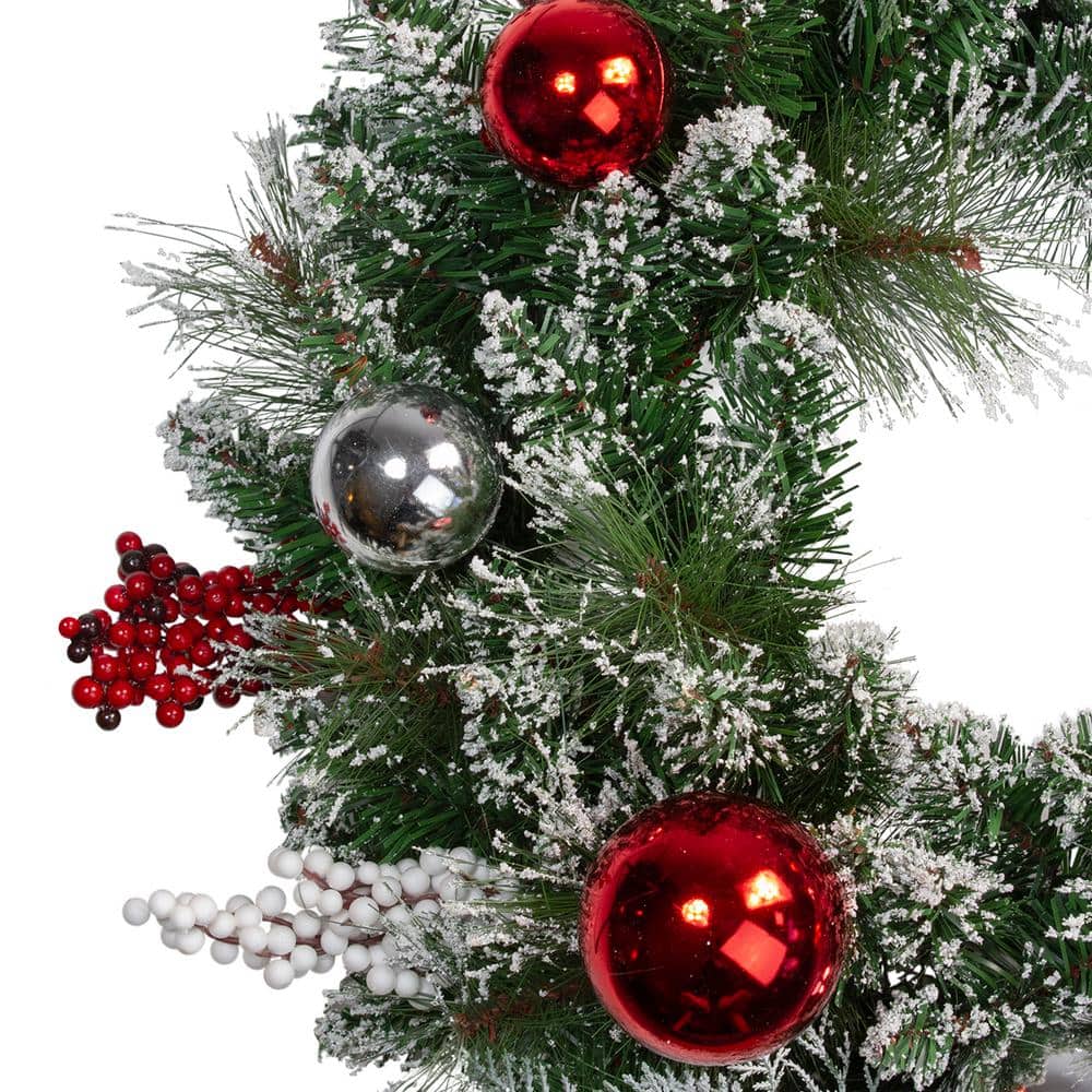 Flocked Pine with Red Ornaments 24-Inch Artificial Christmas Wreath