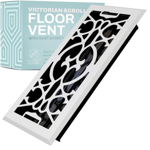 HOME INTUITION Victorian Scroll 2 x 10 in. Decorative Floor Register Vent with Mesh Cover Trap, White