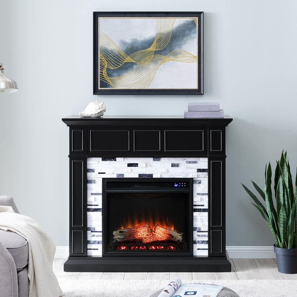 Southern Enterprises Etta 45.5 in. Marble Electric Fireplace in Black, Black finish with white and gray marble -  HD212838