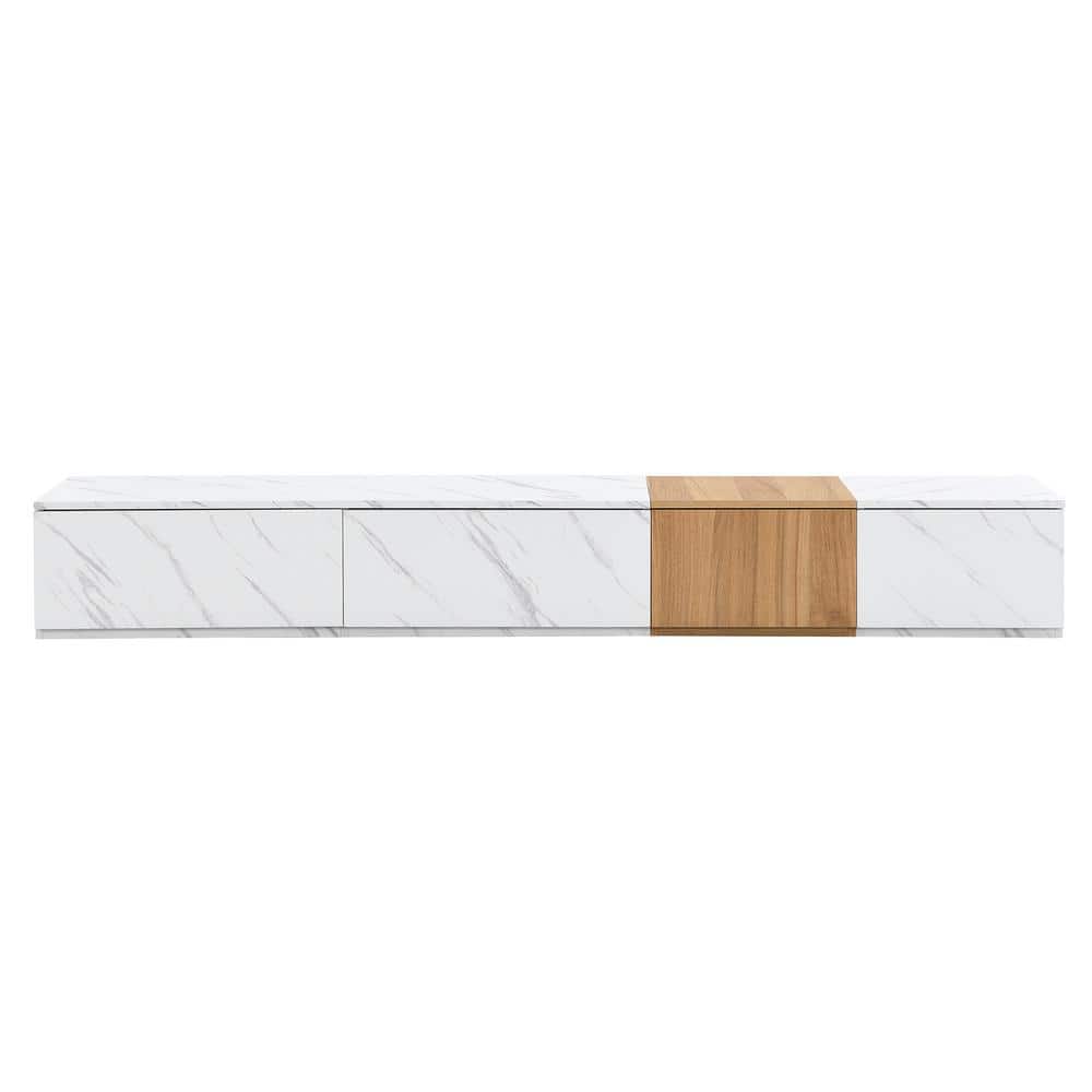 White Faux Marble and Walnut Grain TV Stand with 4 Storage Drawers
