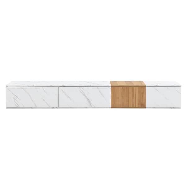 Modern White TV Stand Fits TV's Up to 88 in. with Faux Marble and Walnut Wood Grain Finish, 4 Storage Drawers