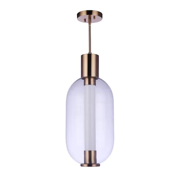 Holmes 15-Watt 1-Light Satin Brass Finish Oval Integrated LED Pendant Light w/ Frosted White Glass Framed by Clear Glass