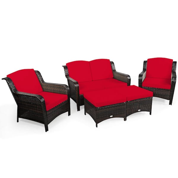 HONEY JOY 5-Pieces Wicker Outdoor Sectional Set Patio Conversation Set Loveseat Sofa Ottoman with Red Cushions