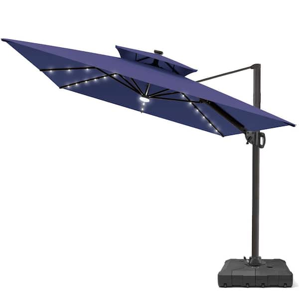 Pellebant 2-Tier 11 ft. x 9 ft. Rectangular 360° Swivel Solar LED Lighted Cantilever Patio Umbrella with Wheeled Stand in Navy