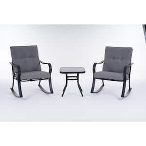 Black 3-Piece Patio Metal Outdoor Rocking Chair Set with Gray Cushions