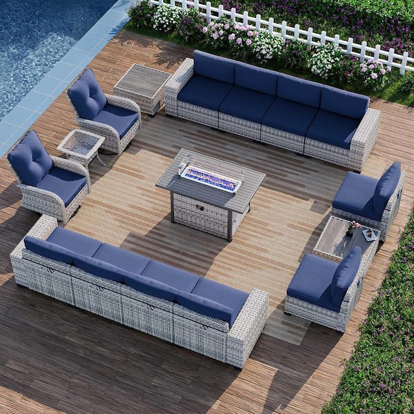 muphyers 16-Piece Wicker Patio Conversation Set with Fire Pit Table and Top Table. Swivel Rocking Chairs with Navy Blue Cushions