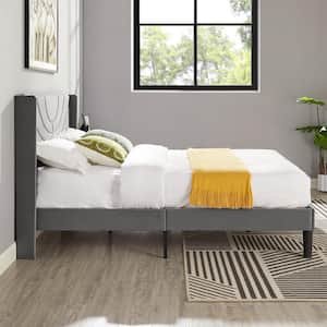 Upholstered Bed Gray Metal Frame Queen Platform Bed with Fabric Headboard, Wooden Slats Support