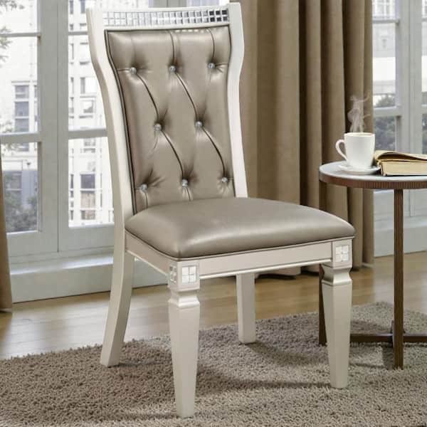 Nalani Champagne/Warm Gray Faux Leather Side Chair (Set of 2) with Mirror Tile Accents and Button Tufting