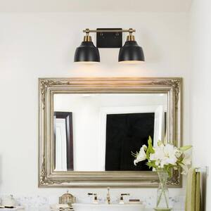 Modern 14.5 in. 2-Light Black Vanity Light with Brass Plated Metal Arm and Bell Shades for Bathroom Round/Arched Mirror