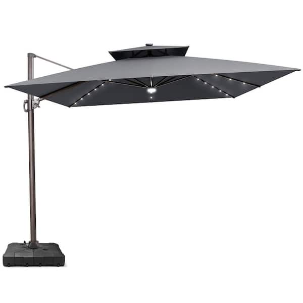 Crestlive Products 11 ft. x 11 ft. LED Square Swivel Double Top Cantilever Tilt Patio Umbrella in Dark Gray with 220 lbs. HDPE Base