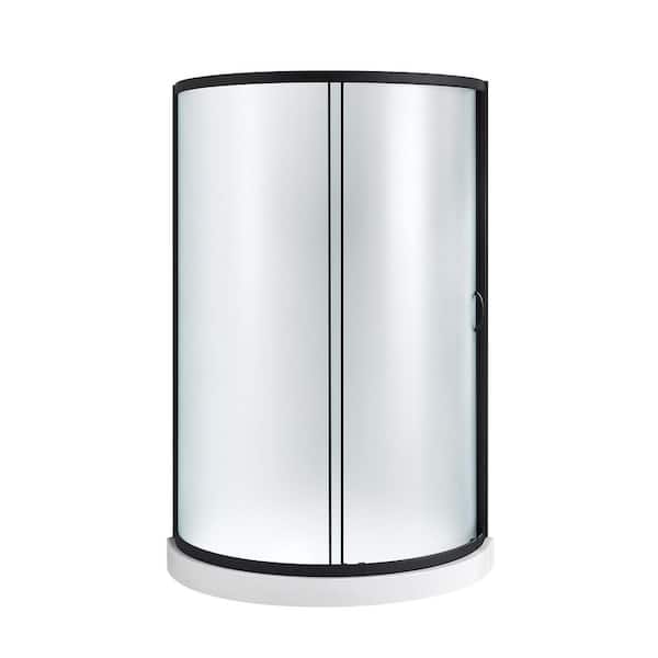 Breeze 36 in. L x 36 in. W x 77 in. H Corner Shower Kit with Frosted Framed Sliding Door in Black and Shower Pan