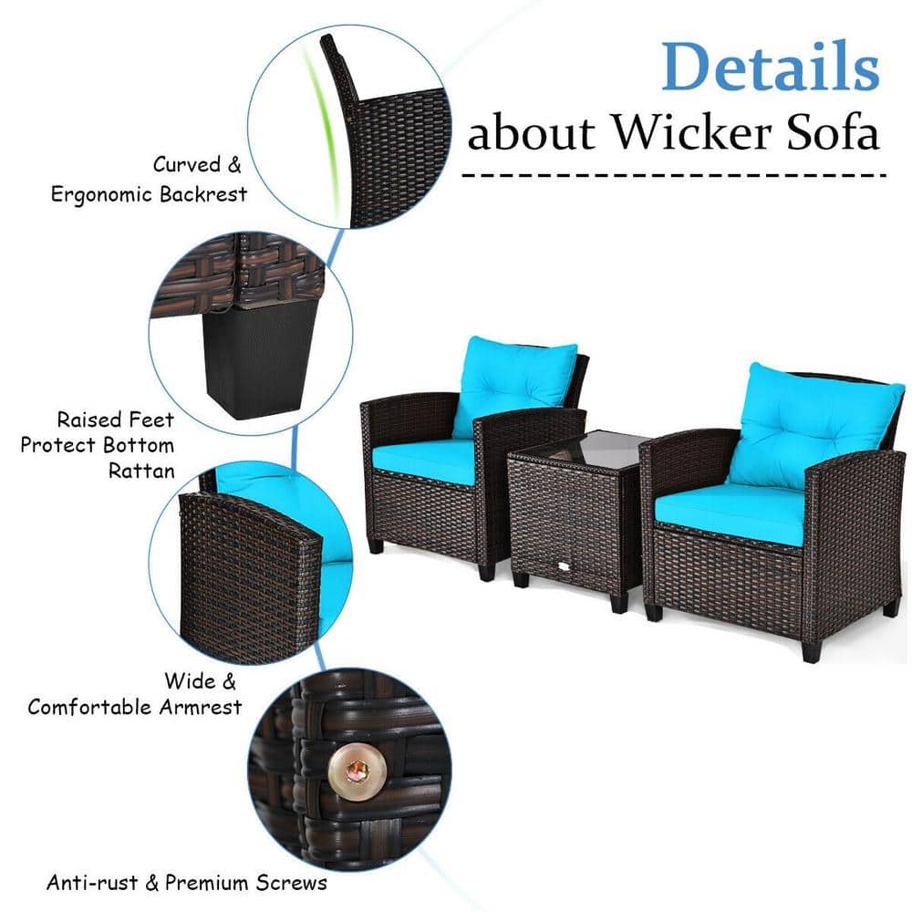 Turquoise Cushioned Rattan 3-Piece Patio Conversation Set