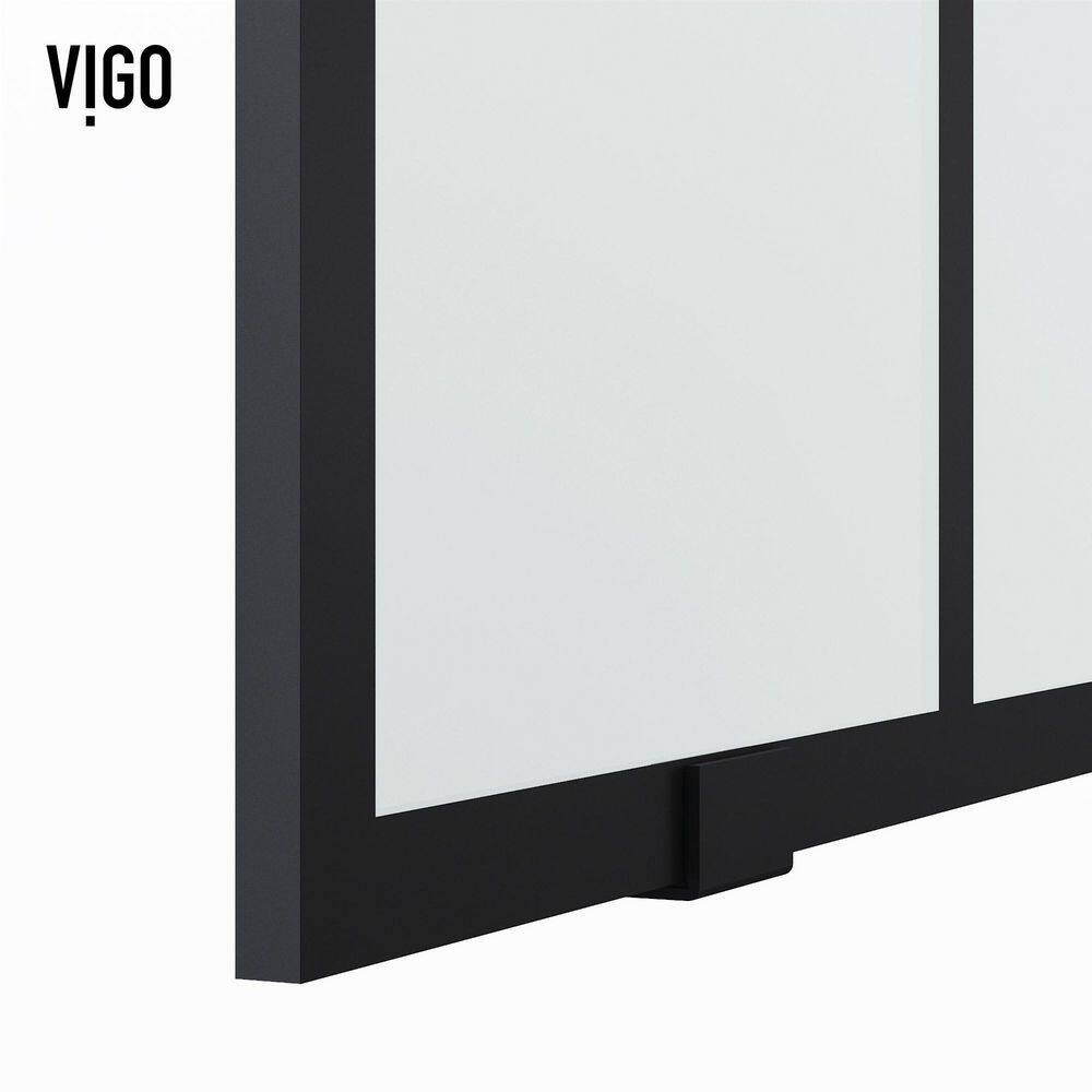 Elan Matte Black Frameless Sliding Shower Door with Clear Grid Glass