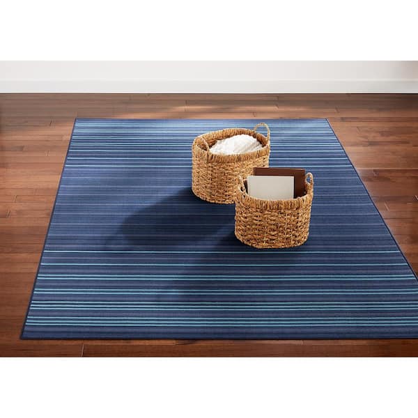 Basic Layne Modern Stripe Navy Blue Blue 8 ft. x 10 ft. Machine Washable Area Rug