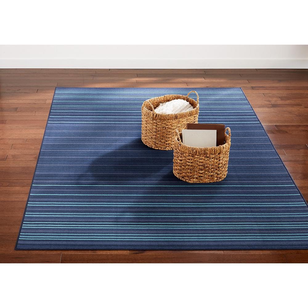 Layne Navy Blue and Light Blue Stripe Washable Synthetic Area Rug