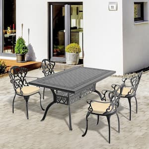 Lily Black 5-Piece Cast Aluminum Outdoor Dining Set with Rectangle Table and Dining Chairs with Random Color Cushion