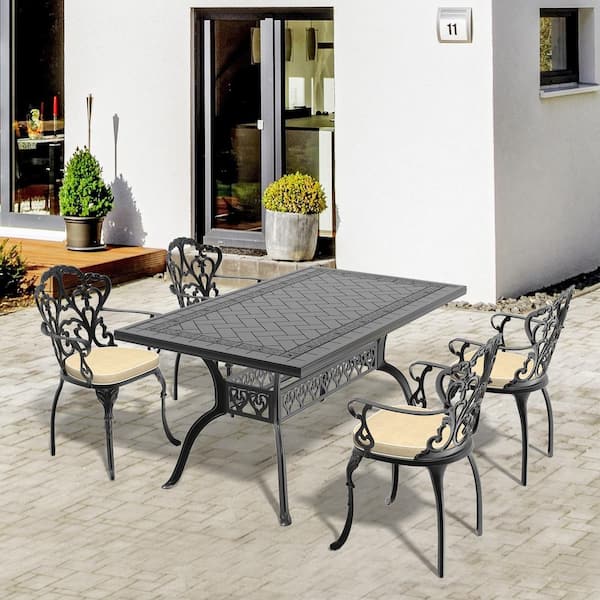 Lily Black 5-Piece Cast Aluminum Outdoor Dining Set with Rectangle Table and Dining Chairs with Random Color Cushion