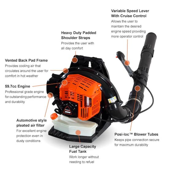 200 MPH 700 CFM 59.7 cc Gas Low Exhaust Emission Engine Backpack Leaf Blower with Tube-Mounted Throttle