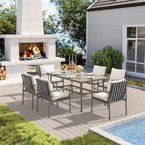 Sunset Retreat 7-Piece Aluminum Outdoor Dining Set with Light Gray Cushions