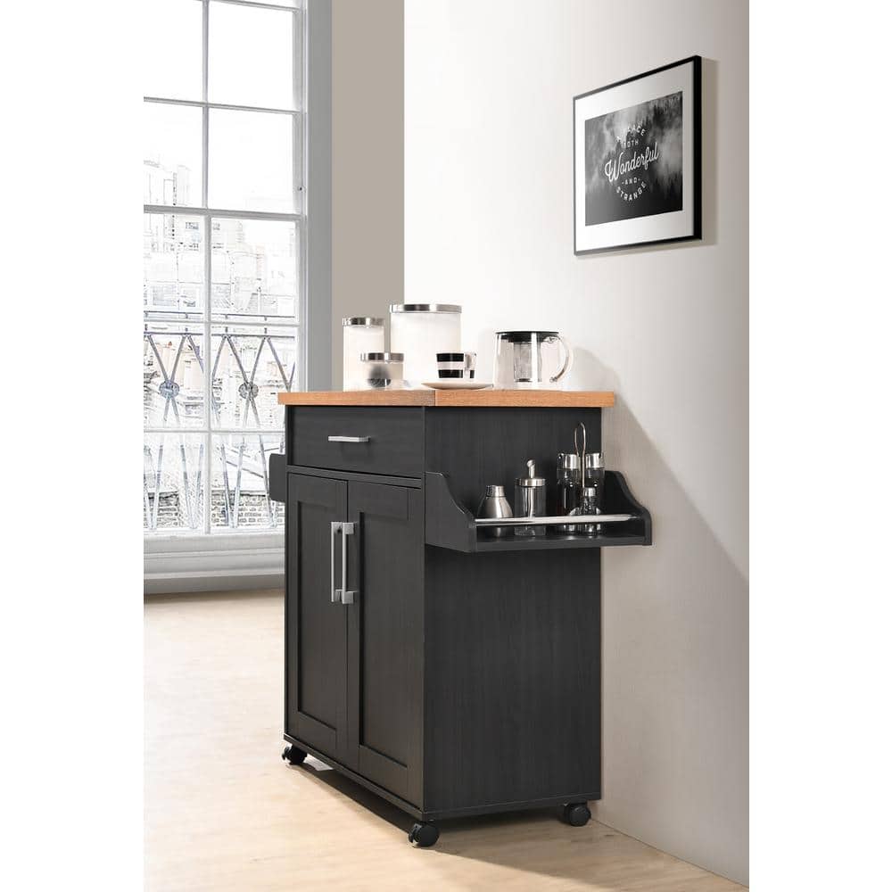 Elegant Black Beech Wood Kitchen Island with Spice Rack and Towel Holder