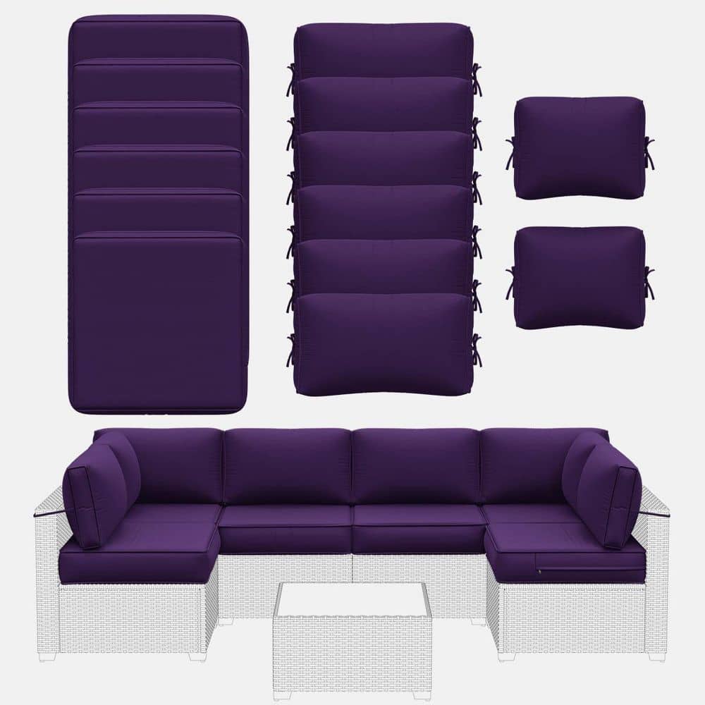 14-Piece 5 in. Outdoor Patio Cushions Water-Resistant Replacement Cushions for 6-Seat Rattan Sectional Sofa Purple