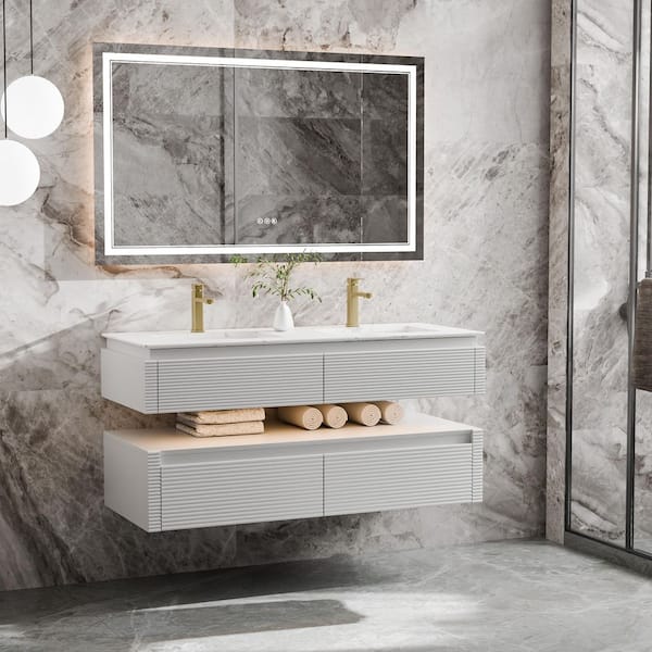 Wilton 48 in. W x 20.8in. D x 19.6 in. H Floating Bathroom Vanity Set in White with White Engineer Marble Countertop