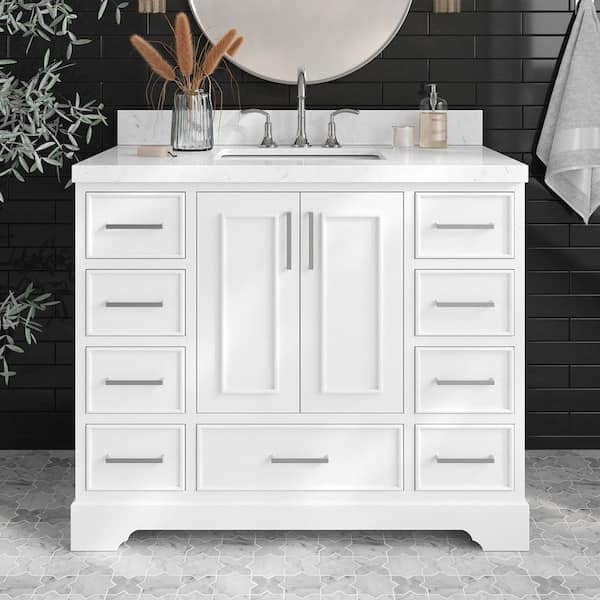 ARIEL Stafford 42 in. W x 22 in. D x 36 in. H Single Sink Freestanding Bath Vanity in White with Carrara White Quartz Top
