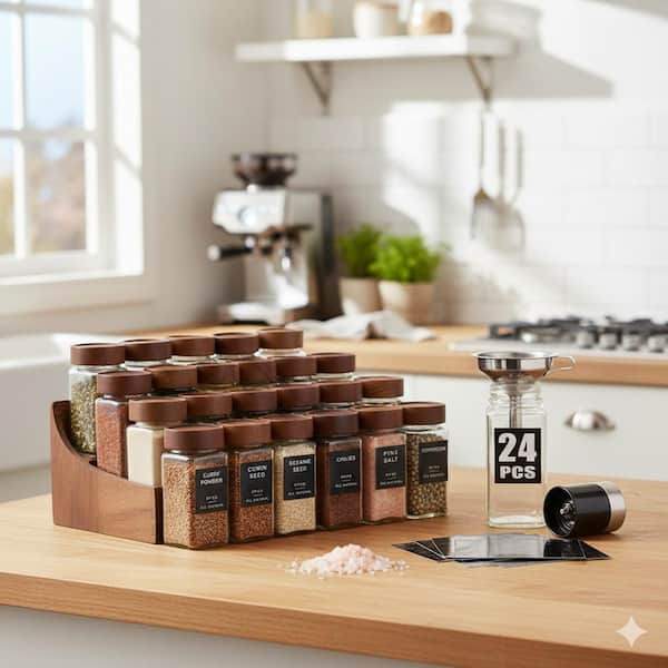 24 Piece Square Glass Spice Jars Set with Wood Lids Labels Grinder Funnel for Kitchen Drawer Cabinet Rack Organizer