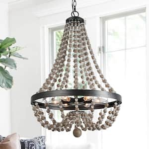 Boho Black Crystal Beaded Chandelier Empire 6-Light Modern Farmhouse Wood Island Basket Pendant Lighting for Dining Room