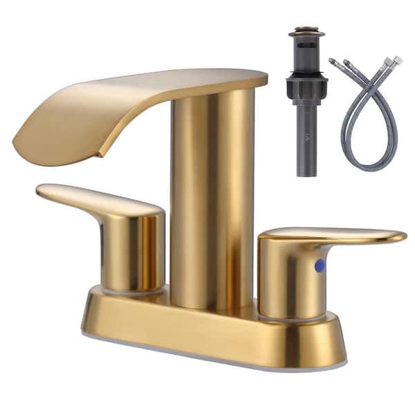 ARCORA 4 in. Centerset Double-Handle Waterfall Bathroom Sink Faucet Stainless Steel with Pop Up Drain Kit in Gold