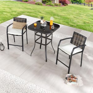 3-Piece Wicker Bar Height Outdoor Dining Set with Beige Cushions
