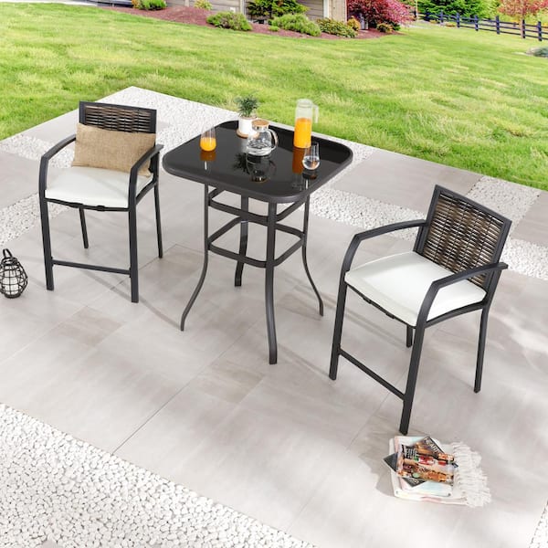Patio Festival 3-Piece Wicker Bar Height Outdoor Dining Set with Beige Cushions