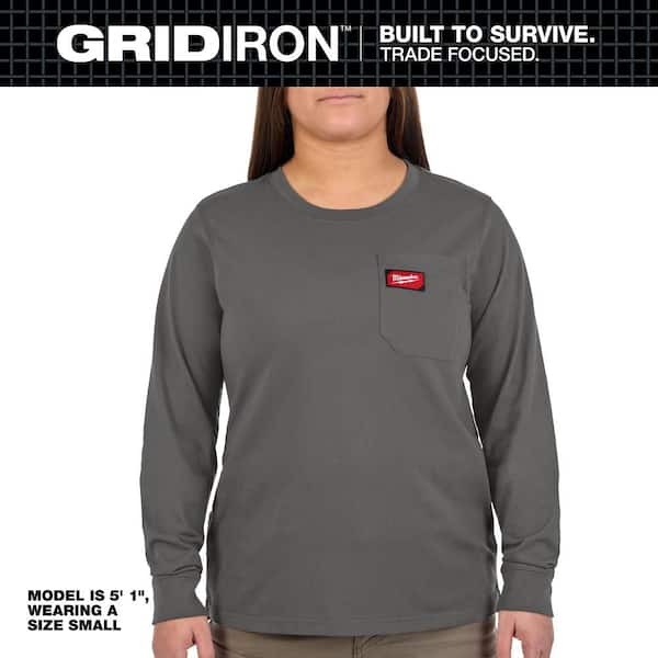 Women's Medium Gray Long Sleeve GRIDIRON Pocket T-Shirt