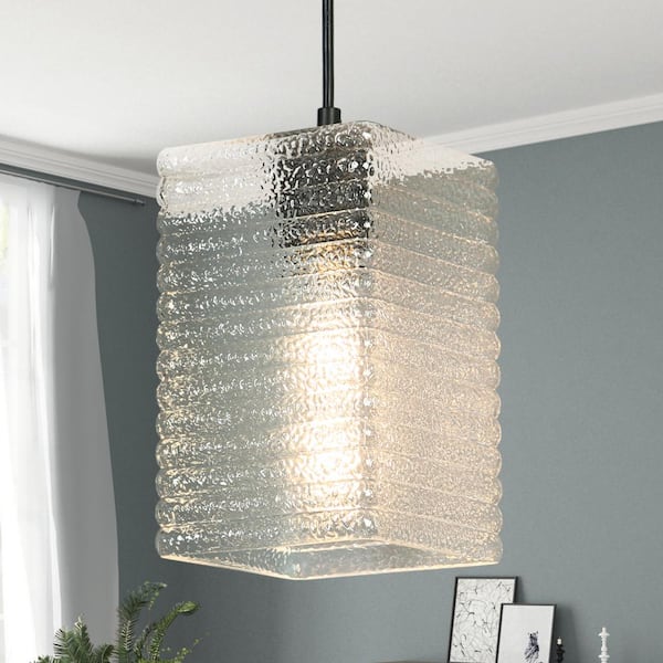 Zevni Modern 1-light Matte Black Pendant Light with Rectangular Striped Glass Shade, Hanging Lamp for Dining Room, Kitchen